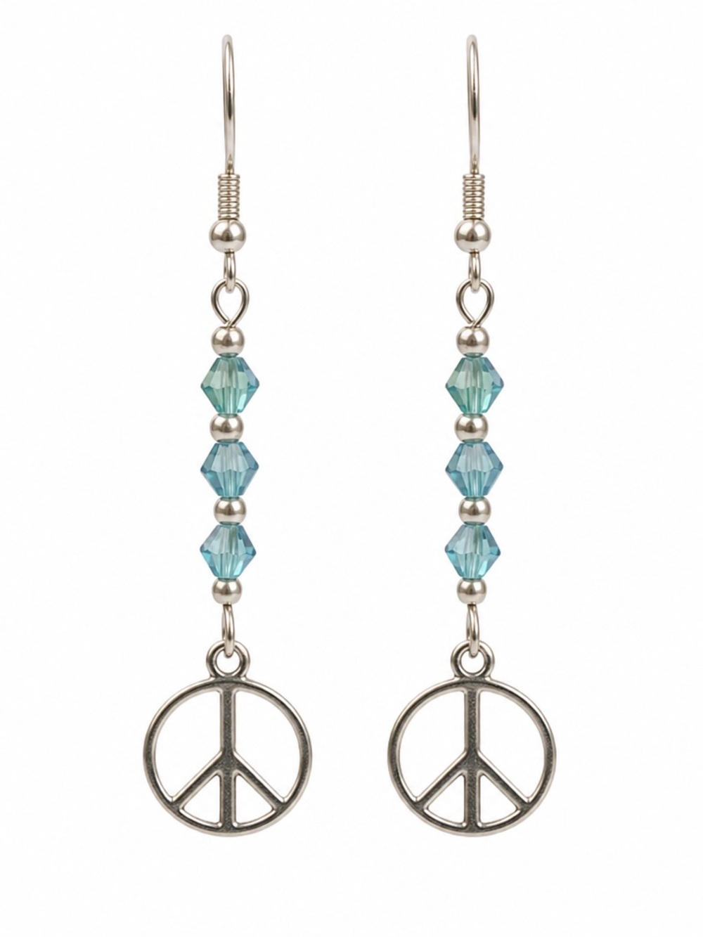 Silver Peace Sign with Peacock Blue Aurora Borealis Crystal Bead Earrings
